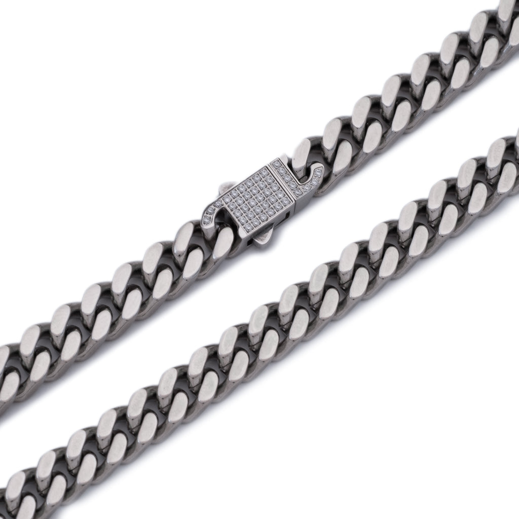 7mm Iced Clasp Cuban Chain (18K White Gold/Stainless Steel)