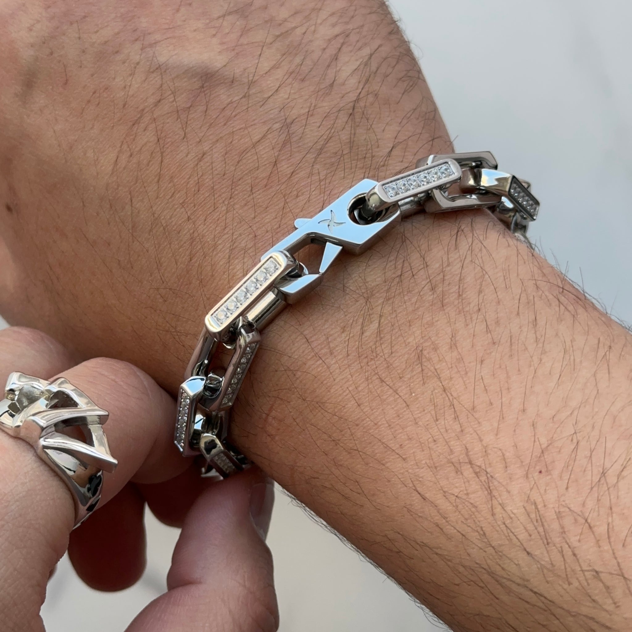 9mm Iced Rectangular Cable Link Bracelet (18K White Gold/Stainless