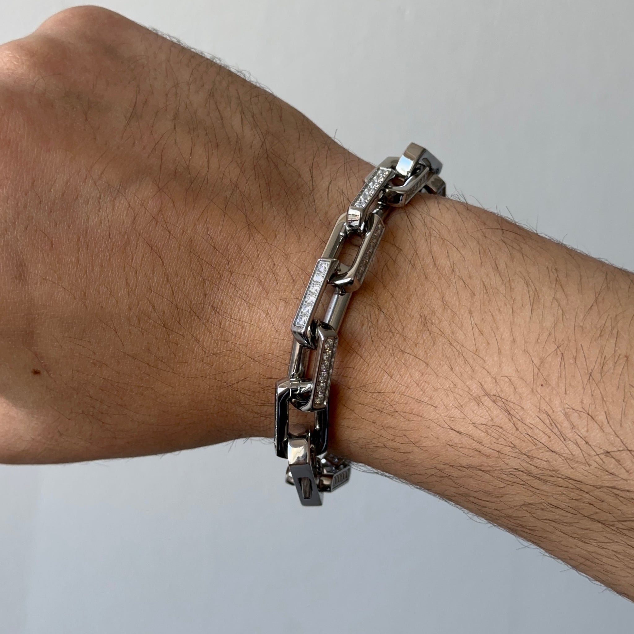 居酒屋エグガチャ ブレスレット 9mm Iced Rectangular Cable Link Bracelet (18K White Gold/Stainless