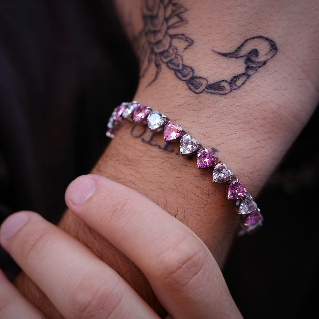 Pink/White Heart Tennis Bracelet (Stainless Steel)