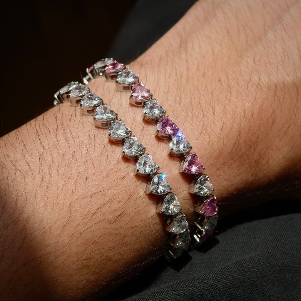Pink/White Heart Tennis Bracelet (Stainless Steel)