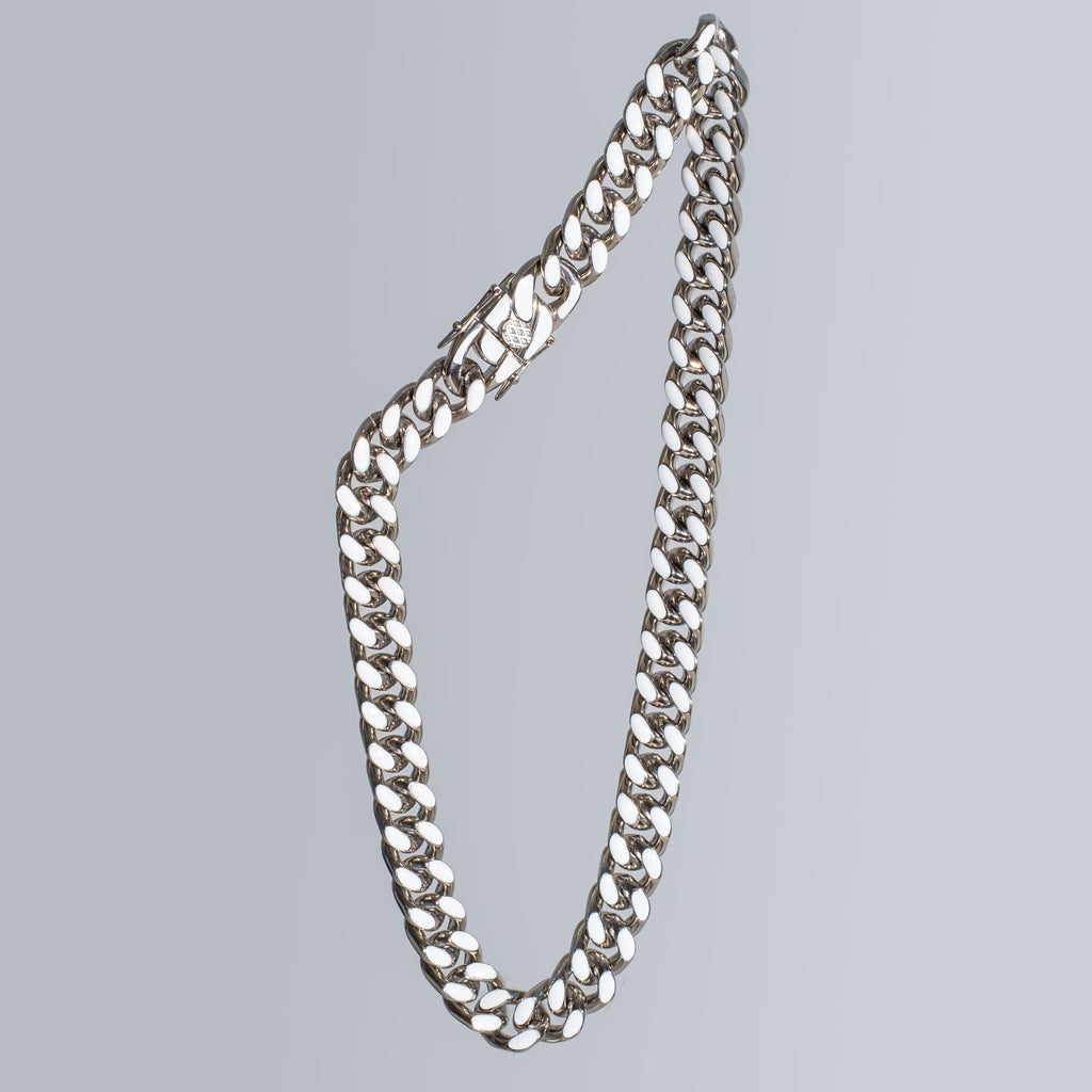 13mm Bright White Enamel Cuban Chain (Stainless Steel)