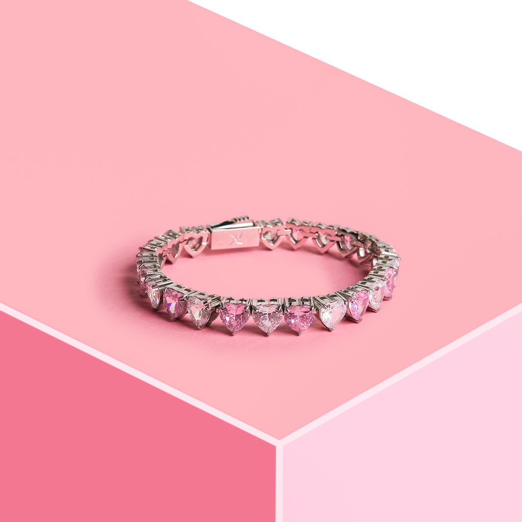 Pink/White Heart Tennis Bracelet (Stainless Steel)