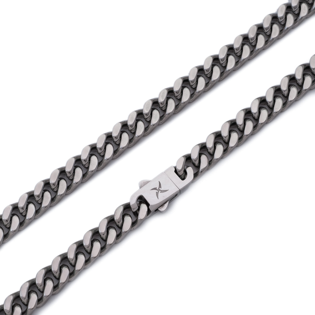 7mm Iced Clasp Cuban Chain (18K White Gold/Stainless Steel)