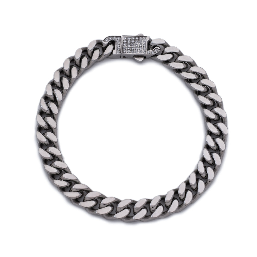 7mm Iced Clasp Cuban Bracelet (18K White Gold/Stainless Steel)